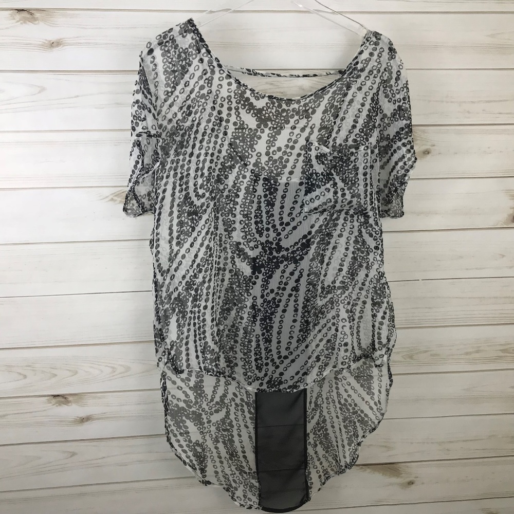 Lush Women's Sheer Hi Low Blouse Top Black White S